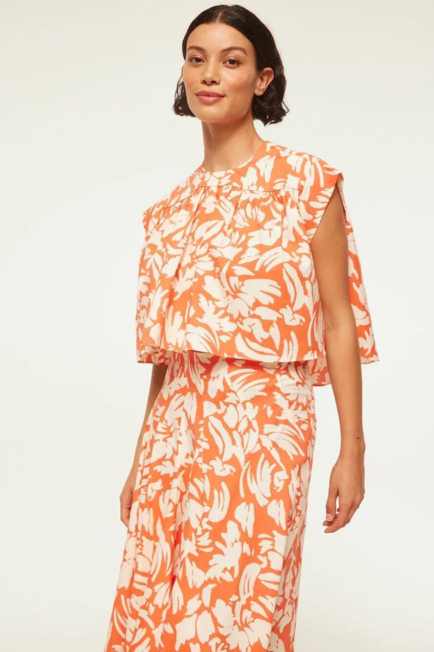 Misa Los Angeles Alina Palm Cap Sleeve High Neck Boxy Cropped Top Orange M NWT